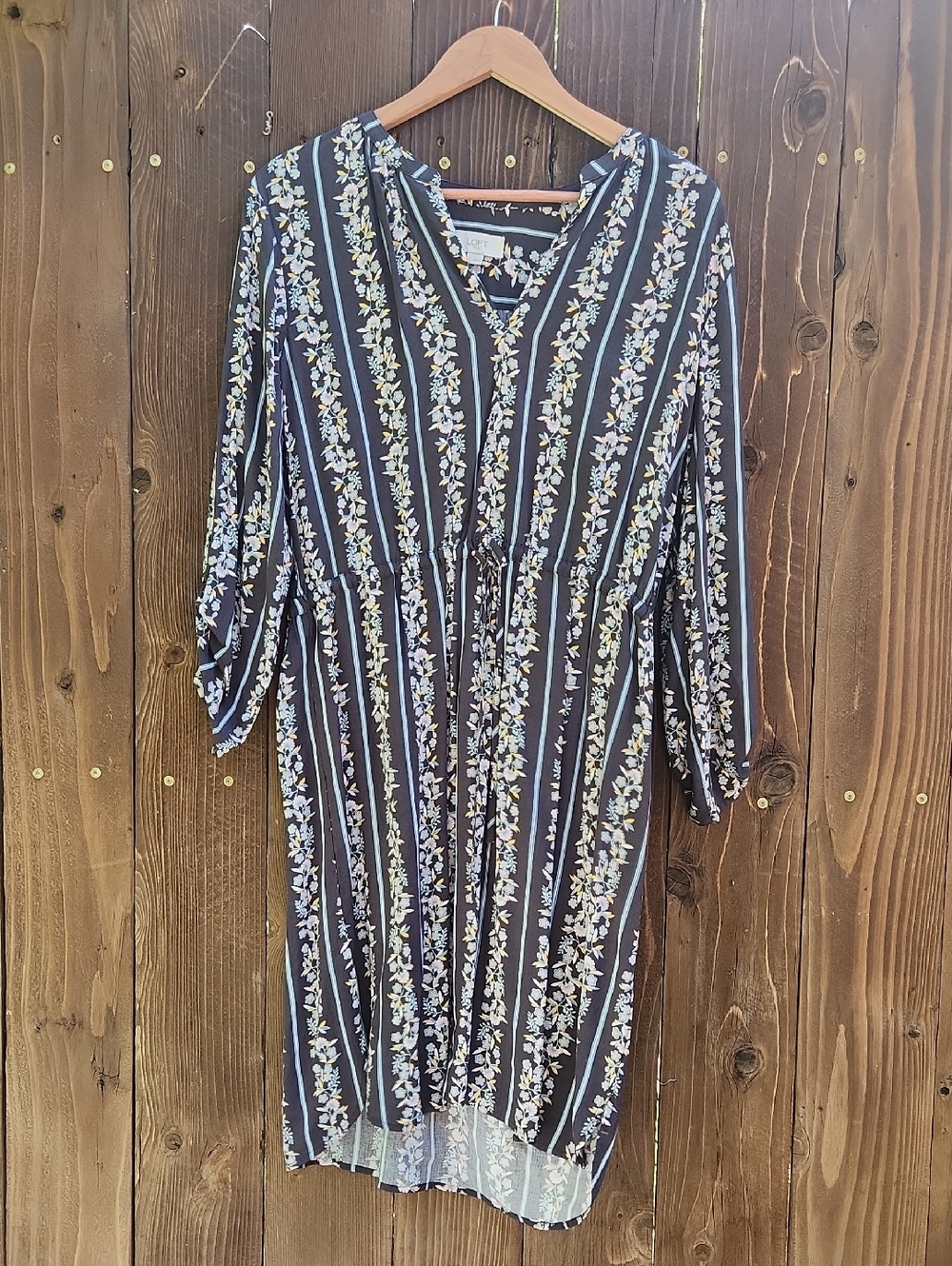 LOFT  Striped Floral V-Neck Long Sleeve Dress